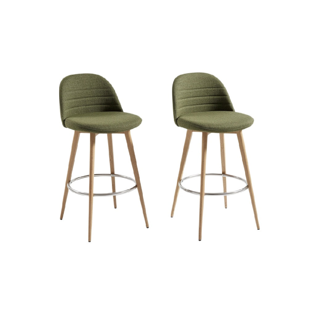 Modern Green Upholstered Bar Stools with Wooden Legs